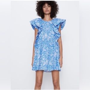 NWT Zara Printed White and Blue Ruffle Dress